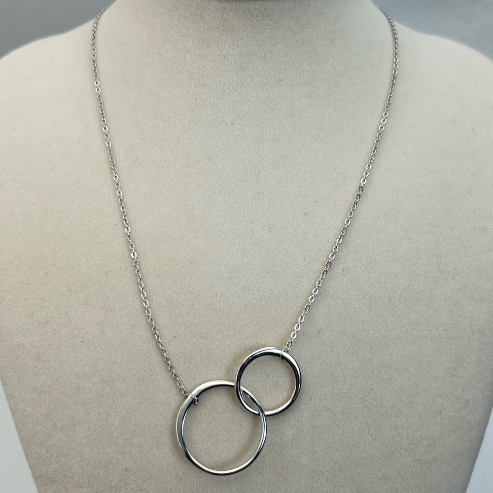 Sterling Silver Double Circle Necklace 18" Dainty Round Link Adjustable Chain - Picture 3 of 11